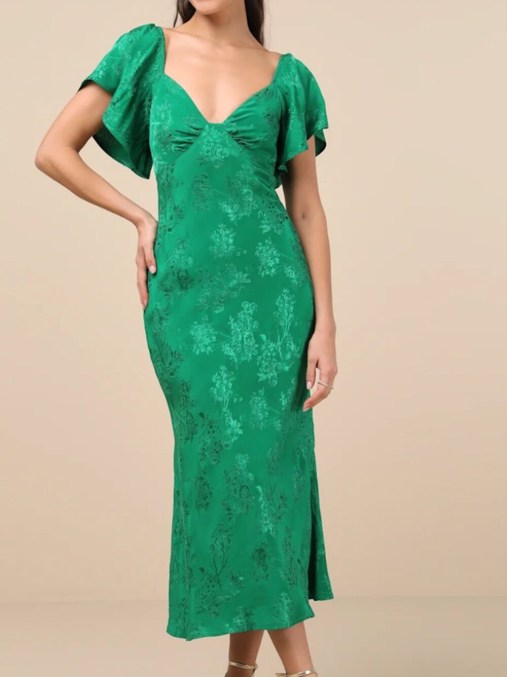 Emerald Green Floral Jacquard Midi Dress